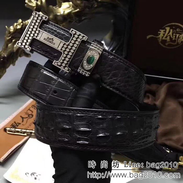 愛馬仕HERMES 純手工無拼接美洲鱷魚小骨皮 純手工高端男士皮帶 HHG1071